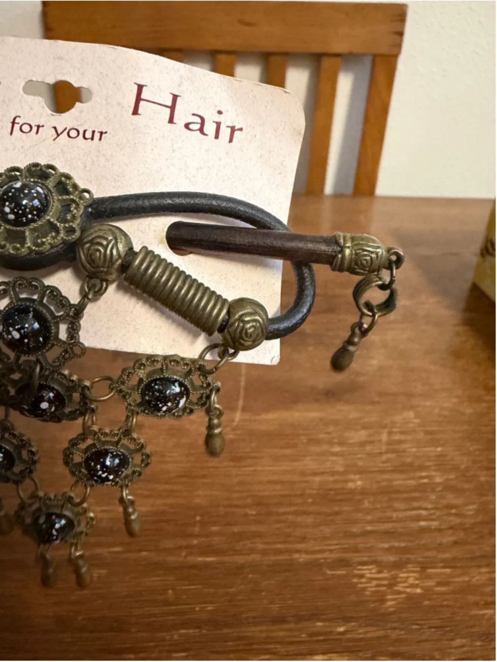 Vintage Flair For Your Hair Black Speckled Cabochon Hair Stick Antique Brass Ton